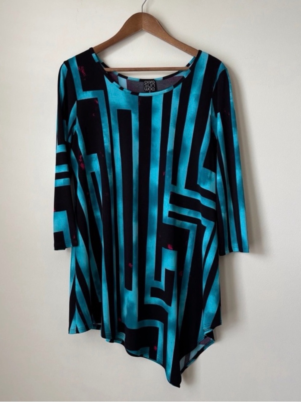 Clara Sunwoo Tunic Top Medium Striped Asymmetrical Black Teal